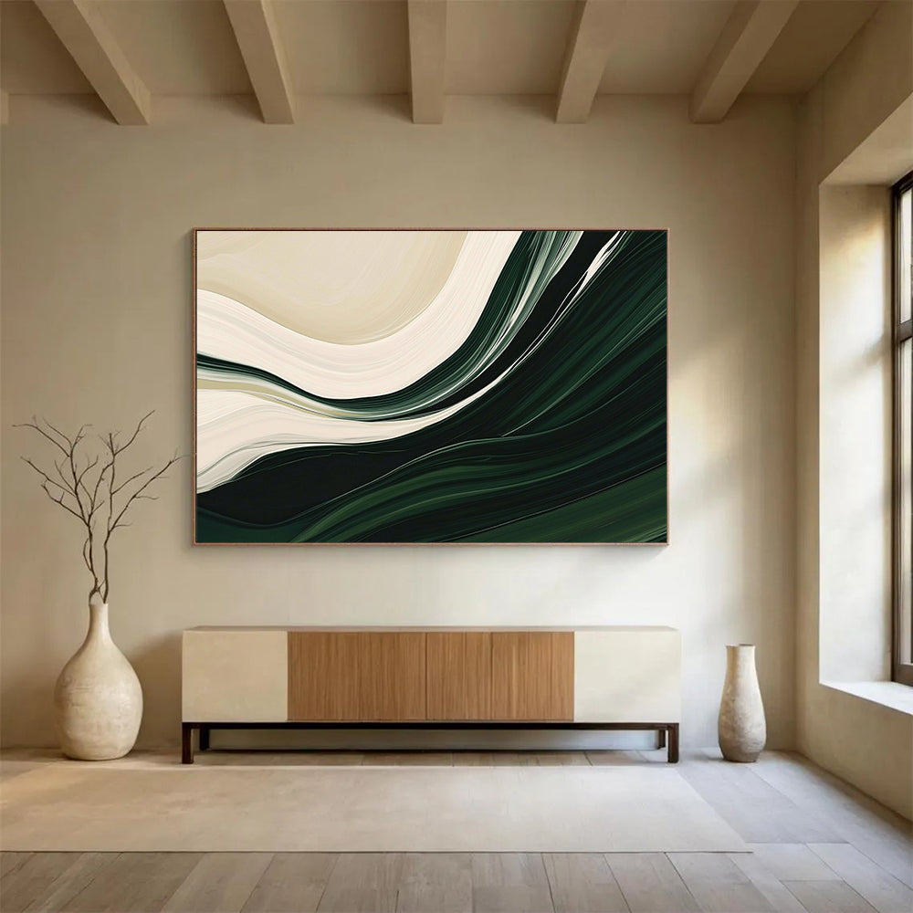 “Flowing Green and White Abstract” - Green, White, Curved Textures Painting On Canvas HB0889