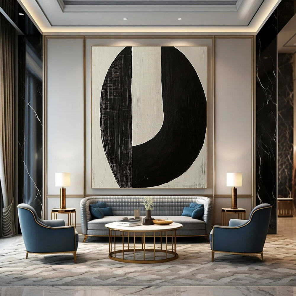 Contemporary large abstract painting featuring two minimalist axe-shaped forms in striking black and white tones for a bold artistic statement. DLZ1548