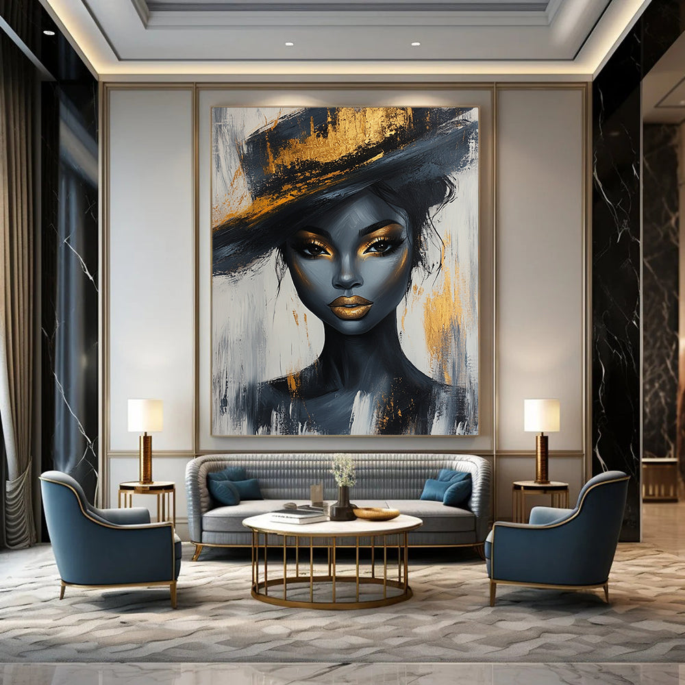 Contemporary abstract portrait of a Black woman with gold accents and elegant hat on white and grey background, crafted in acrylic on canvas. DLZ0784