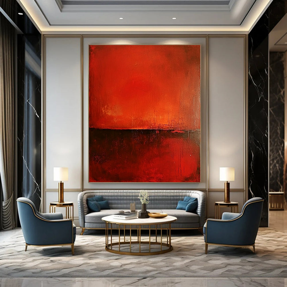 Contemporary abstract painting features a rich red background, smooth red surface, and warm dark brown accents, creating minimalist atmospheric depth and intriguing textures. DLZ1448