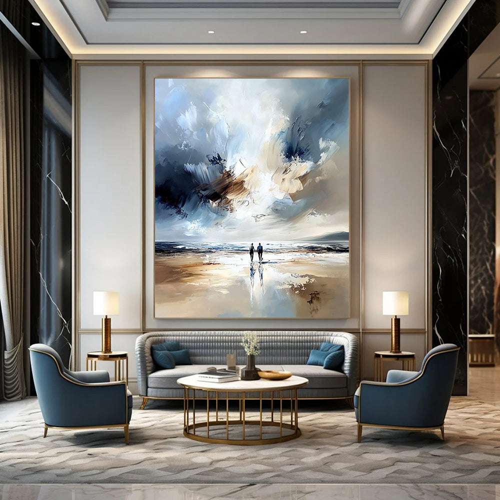 Contemporary abstract painting featuring two figures on a beach with a vast sea soft tones expressive brushstrokes and ethereal light effects. DLZ1126