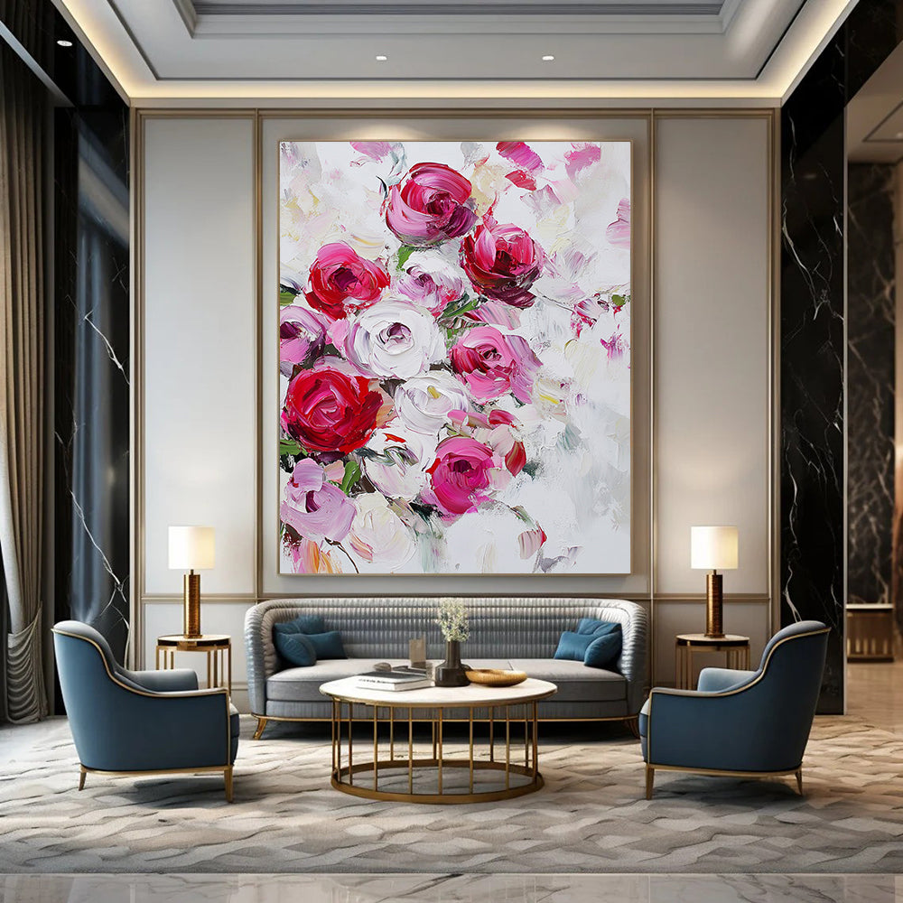Contemporary hand-painted abstract art featuring vibrant red and pink roses on a white background with loose strokes and a dreamy bouquet effect. DLZ0992