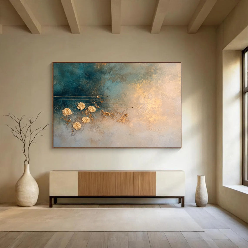 “Blue and Gold Textured Abstract with Flowers” - Blue, Gold, Beige, Textured Flowers and Lines - Mixed Media Art HB1645