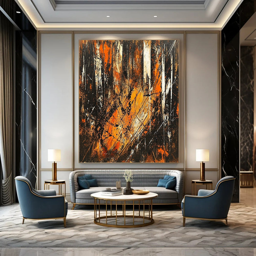 Contemporary hand-painted abstract artwork depicting an energetic forest scene with vibrant brown orange and black tones illuminated by sunlight. DLZ1396