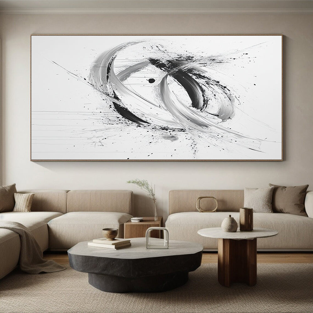 Black, White and Gray Dynamic Swirl "Hybrid Energy" Painting On Canvas HB290
