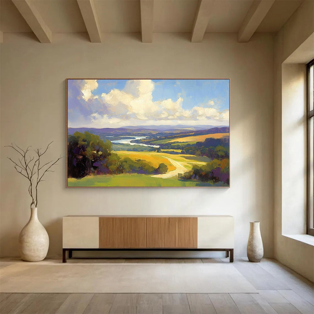 “Vibrant Panoramic Landscape” - Blue, Green, Yellow, Purple, Detailed Scenic View - Oil Painting HB1657
