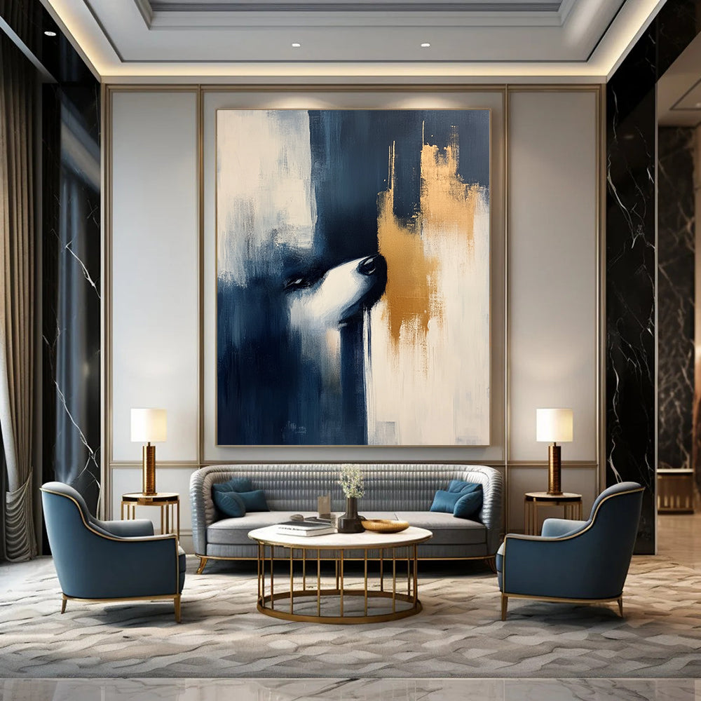 Contemporary hand-painted abstract art featuring dark blue and beige hues with elegant gold accents, perfect for modern decor. DLZ0850