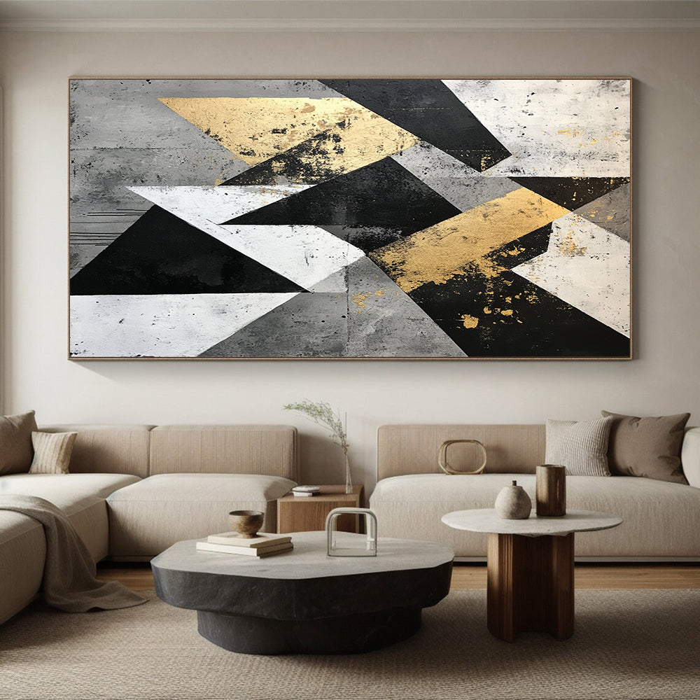 Gold, Black, Gray, White with Angular Shapes "Geometric Edge" Abstract Painting On Canvas HB006