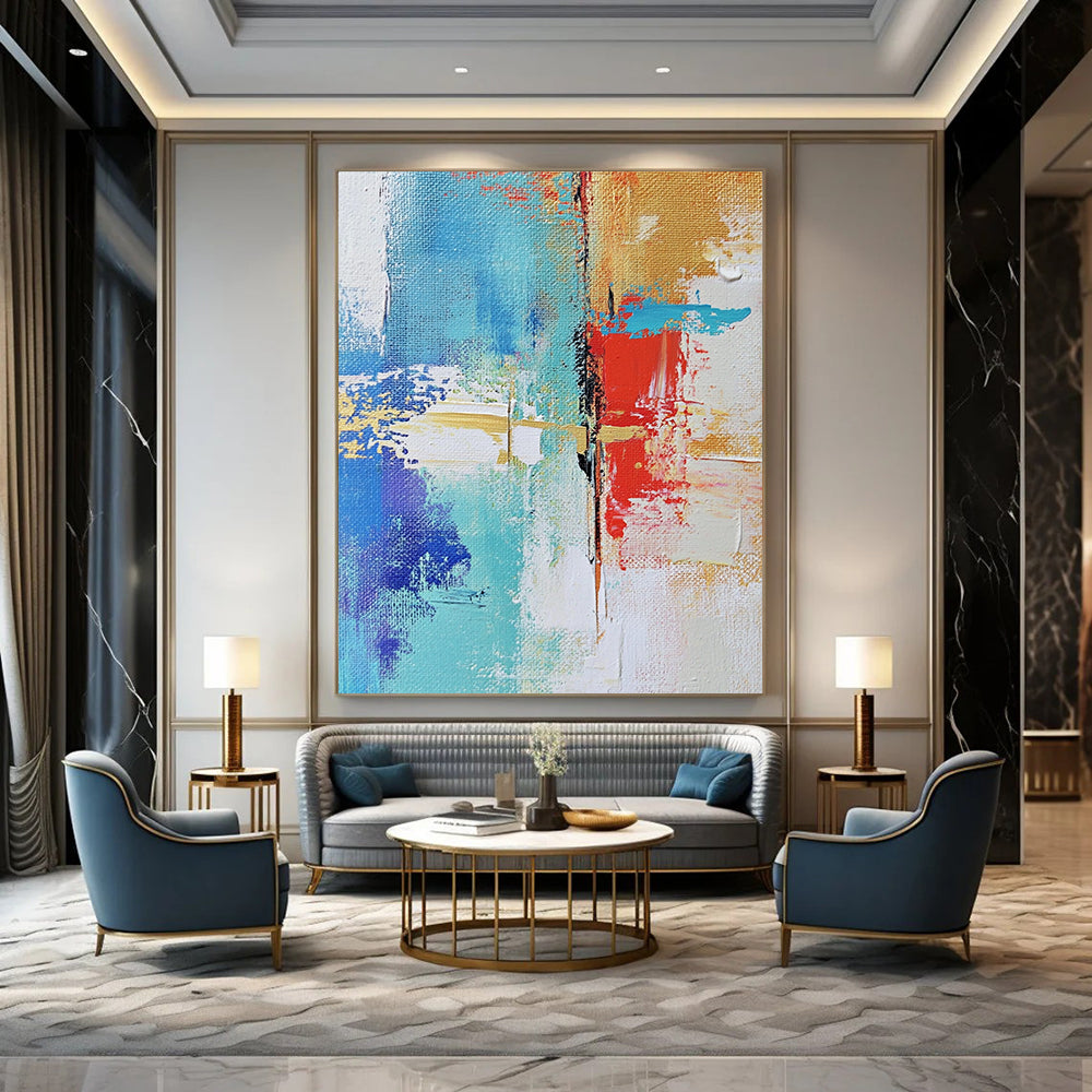 Contemporary hand-painted abstract art showcasing urban landscapes with textured brush strokes in soft neutrals and vibrant blue and red highlights DLZ0511