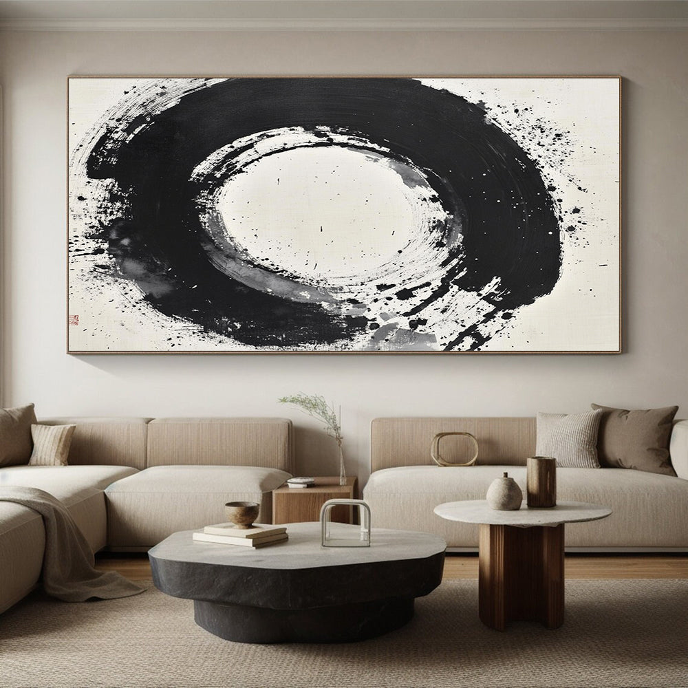 Black and White Splattered Circle "Cosmic Enso" Painting On Canvas HB280