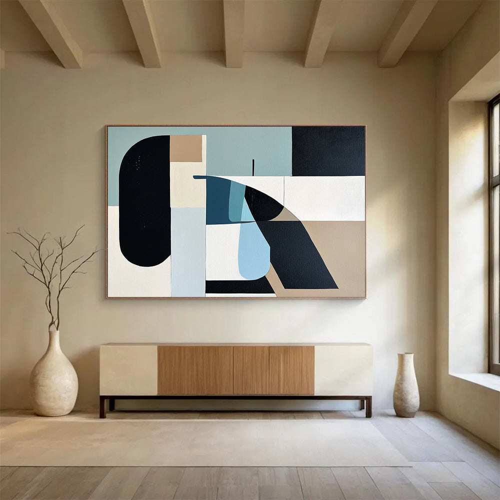 “Pastel Geometric Shapes” - Blue, Beige, Black, Abstract Forms - Mid - Century Acrylic Painting HB1492