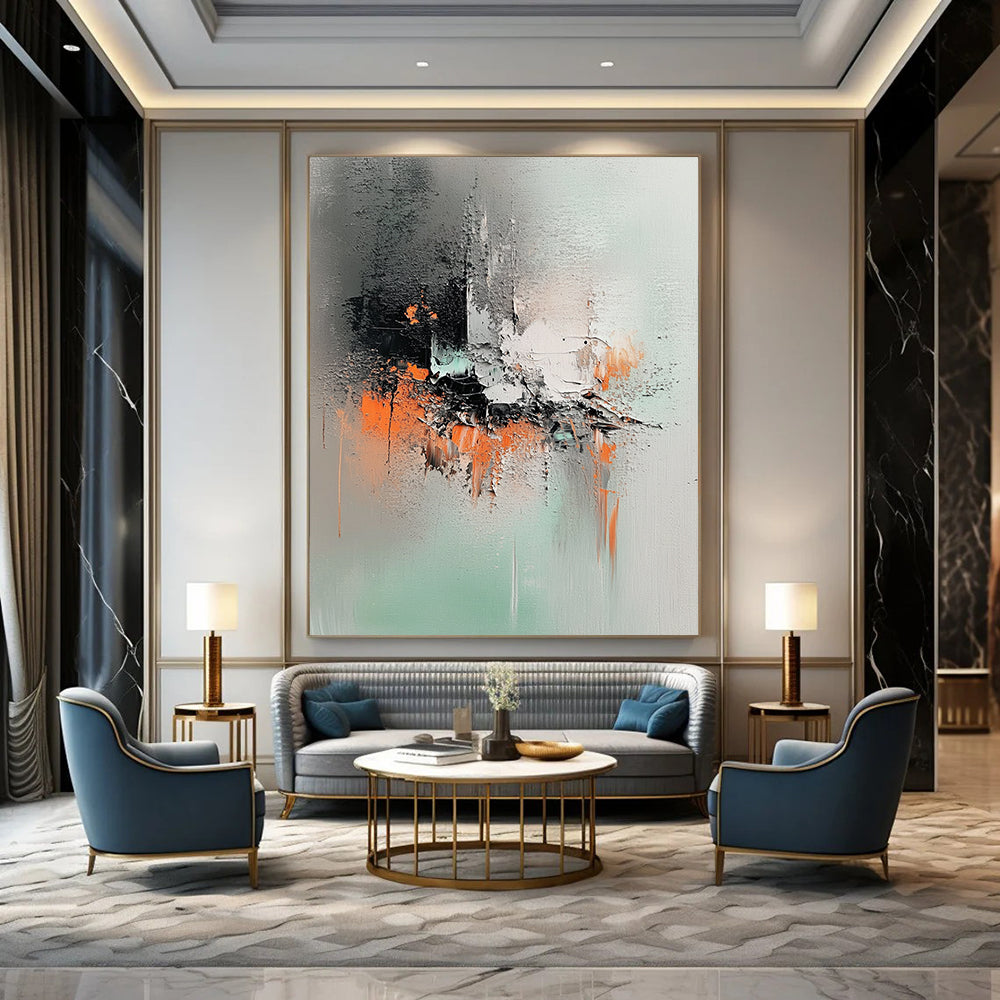 Contemporary abstract artwork features mint green, gray tones, and ink splash effects with a palette knife technique on canvas. DLZ1046