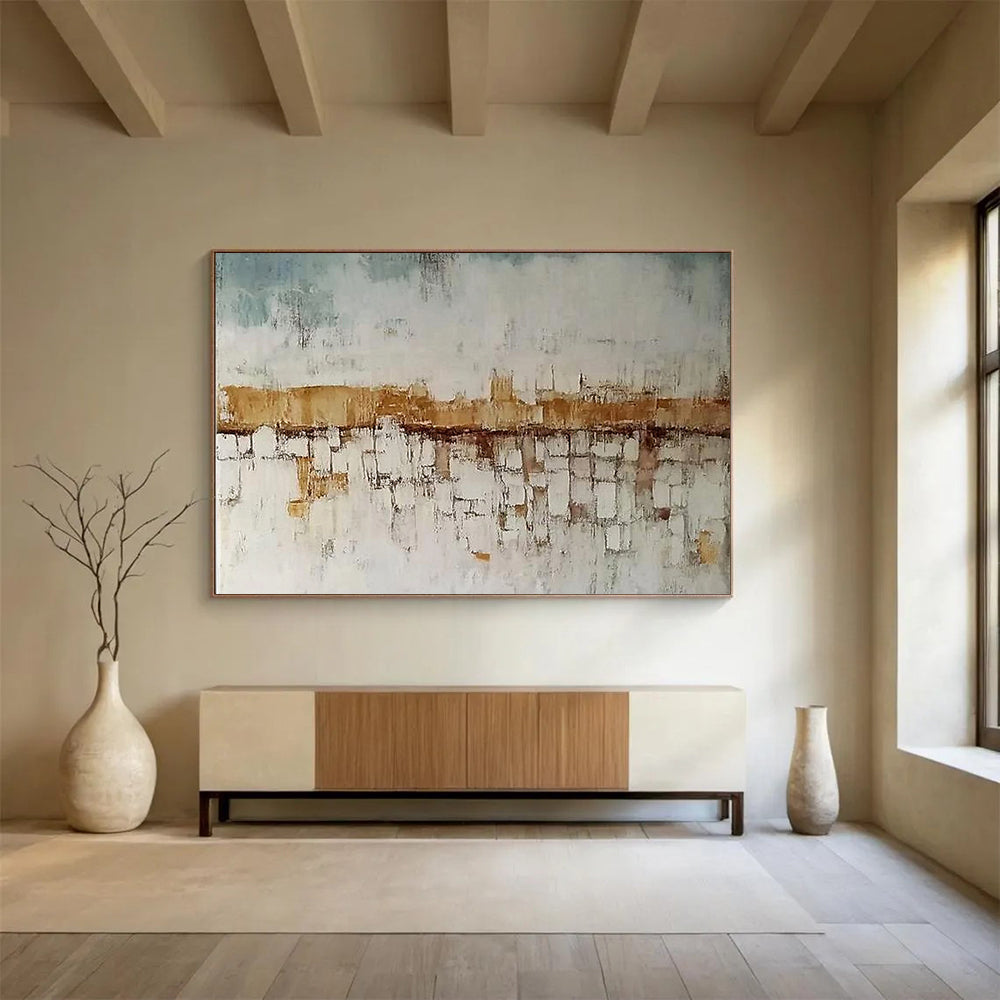 Blue, White and Brown Abstract Cityscape "Hazy Horizon" Painting On Canvas HB0417