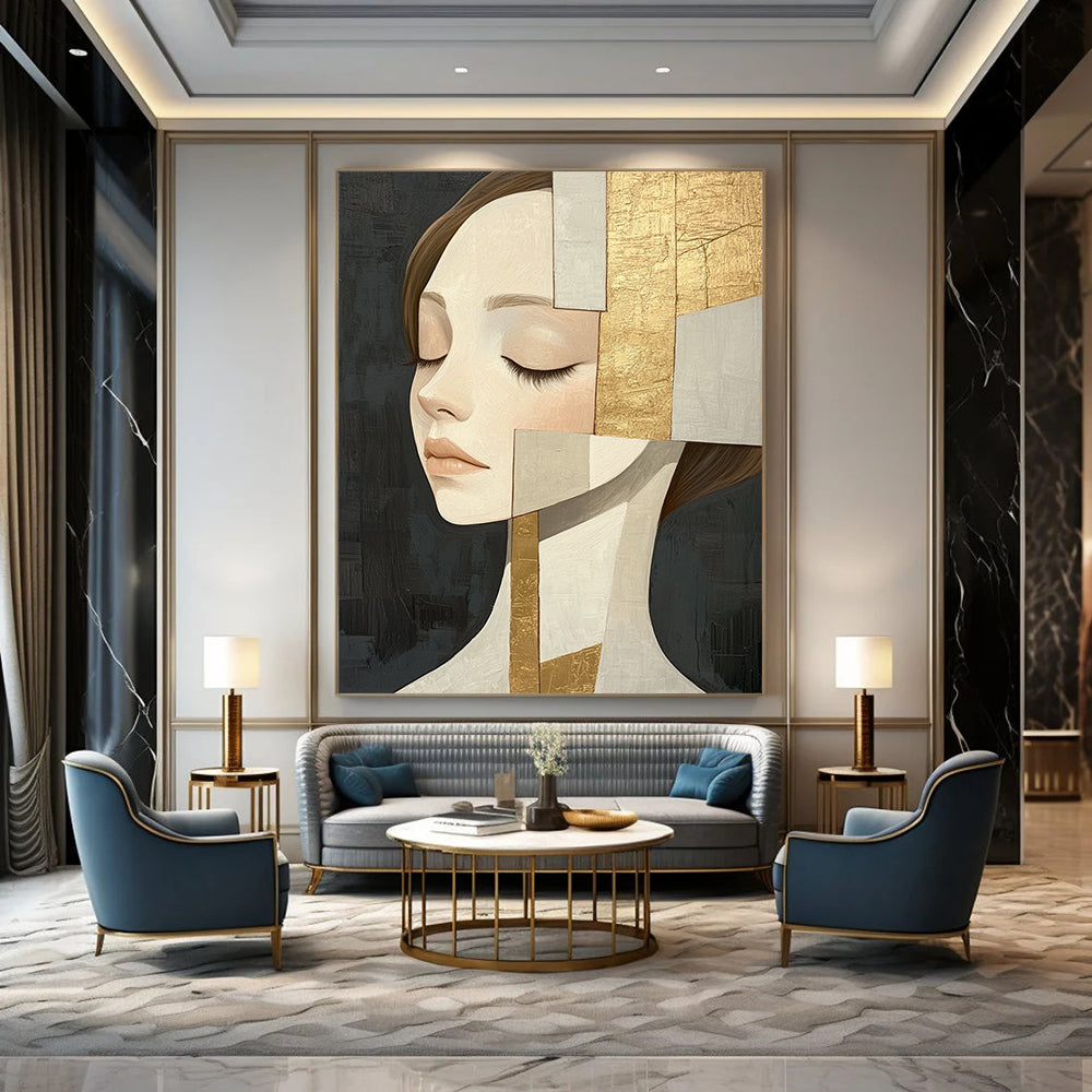 Large contemporary hand-painted abstract artwork featuring an elegant woman in beige tones with gold leaf accents against a dark gray background. DLZ1405