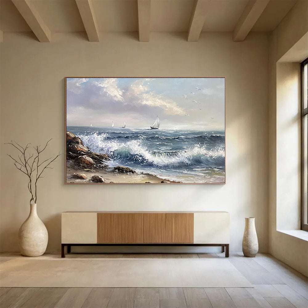 “Sailing Serenity” - Blues, Whites, Greys, Sailboats at Sea - Realist Oil Painting HB1605