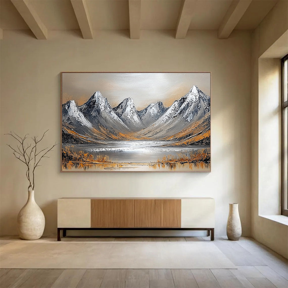 “Textured Mountain Landscape” - Gray, Brown, White, Textured Mountain Scene Painting On Canvas HB0969