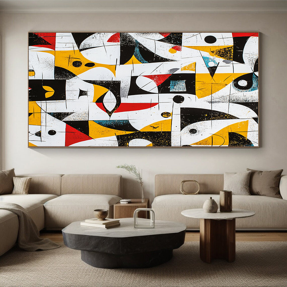 Black, White, Yellow, Red and Blue Geometric Mosaic "Colorful Labyrinth" Painting On Canvas HB325