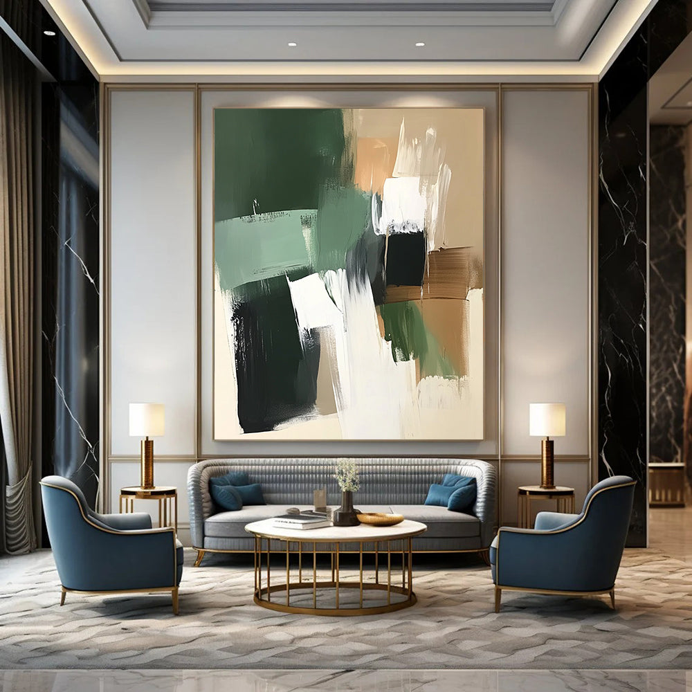 Contemporary hand-painted abstract artwork featuring green white and brown tones with thick brush strokes on a dark beige background with sage green shapes. DLZ1035