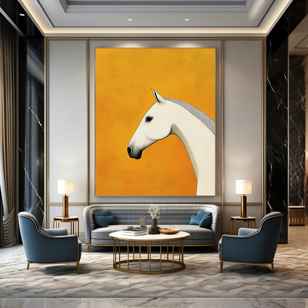 Contemporary hand-painted abstract art featuring a minimalist white horse design on a tranquil yellow background with clean lines and high-definition details. DLZ1513