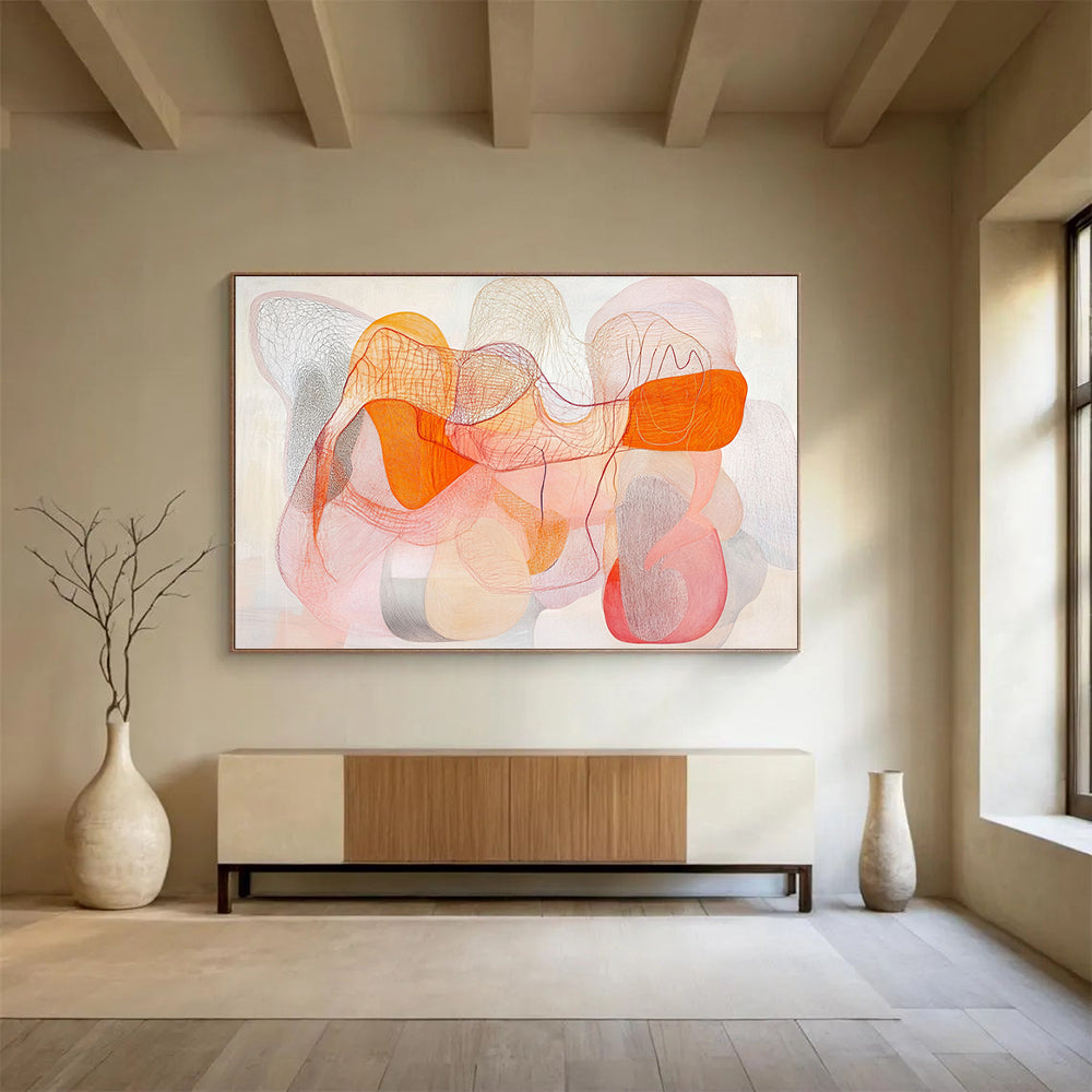 “Colorful Mesh Abstract” - Orange, Pink, Gray with Interwoven Lines - Painting On Canvas HB1367