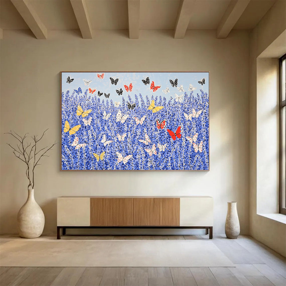 “Butterflies in Blue Field” - Blue, Yellow, Red, Nature Scene with Butterflies - Acrylic Painting HB1654