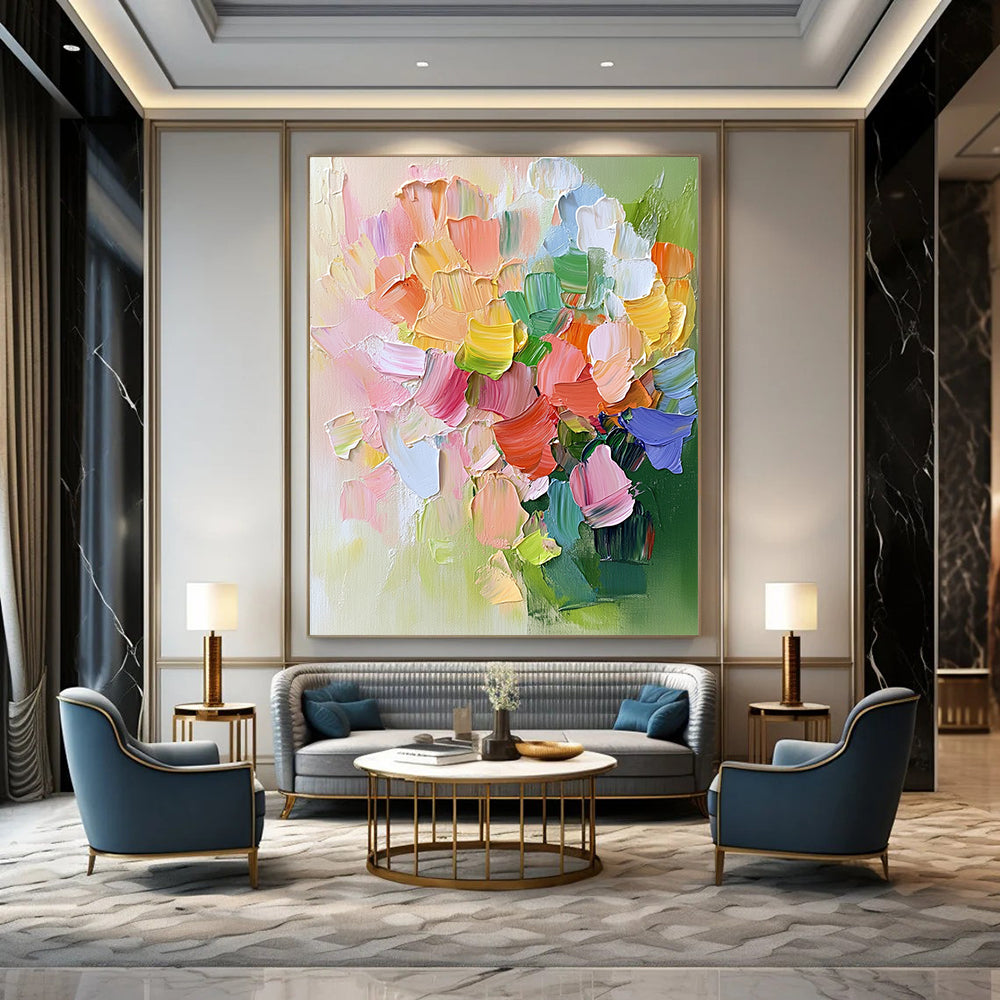 Contemporary abstract artwork featuring a vibrant pink flower bouquet with green leaves and delicate accents in a cheerful pastel palette. DLZ0480