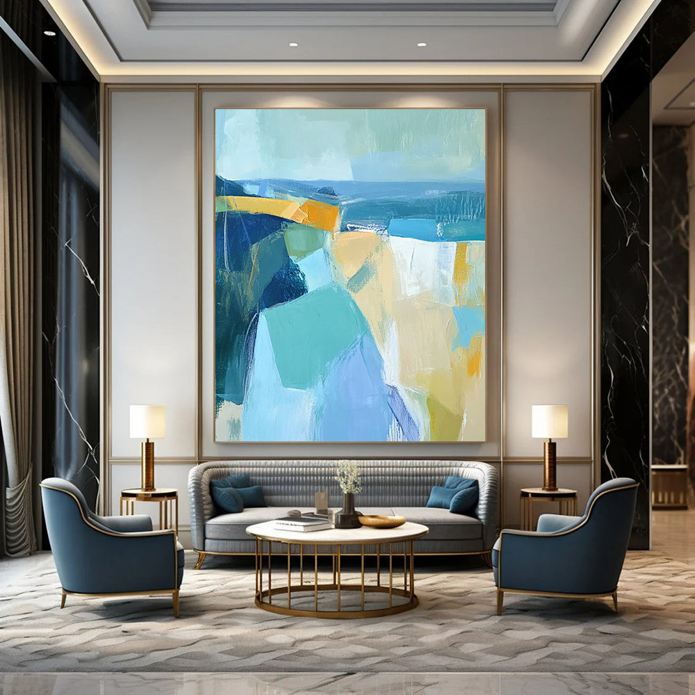 Contemporary abstract artwork features thick brushstrokes and geometric forms in muted blues and yellows, perfect for enhancing any modern space. DLZ0896