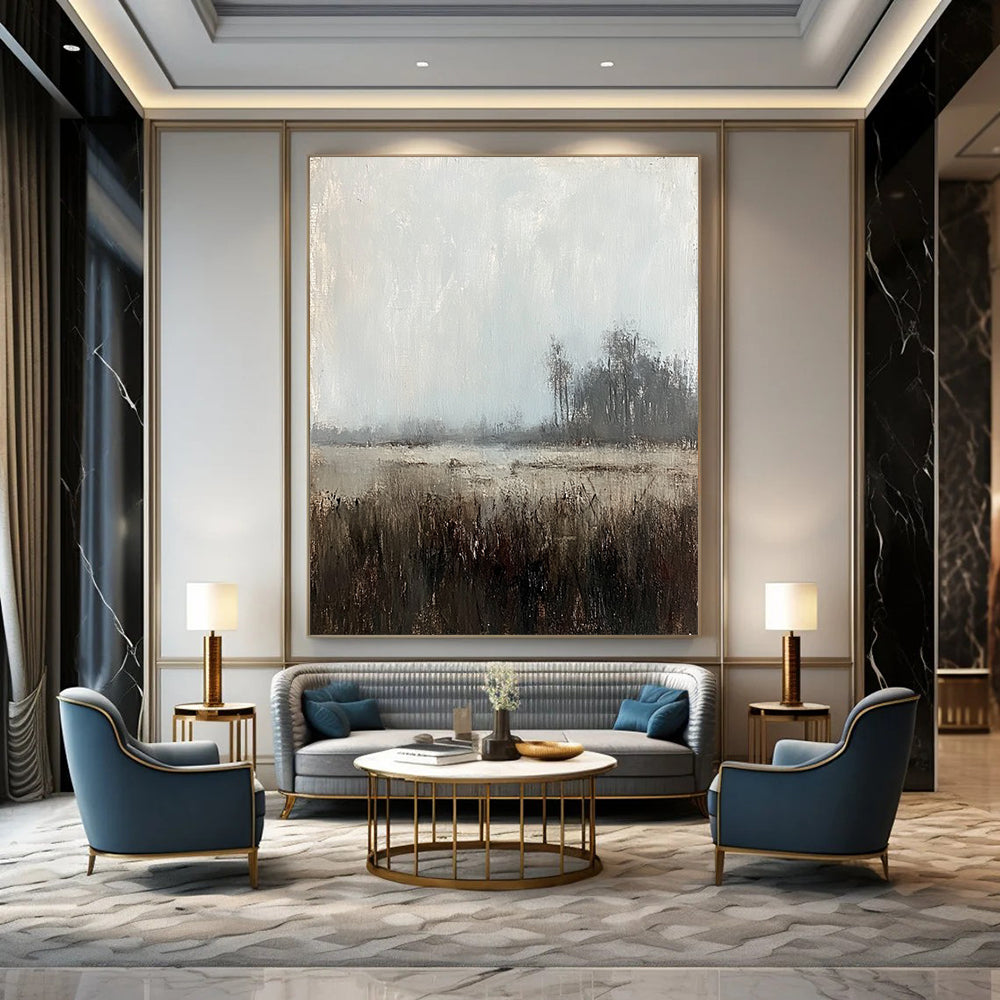 Large contemporary abstract painting featuring muted tones of gray sky and distant trees creating a misty grassland scene with soft lighting and brushstrokes. DLZ0409