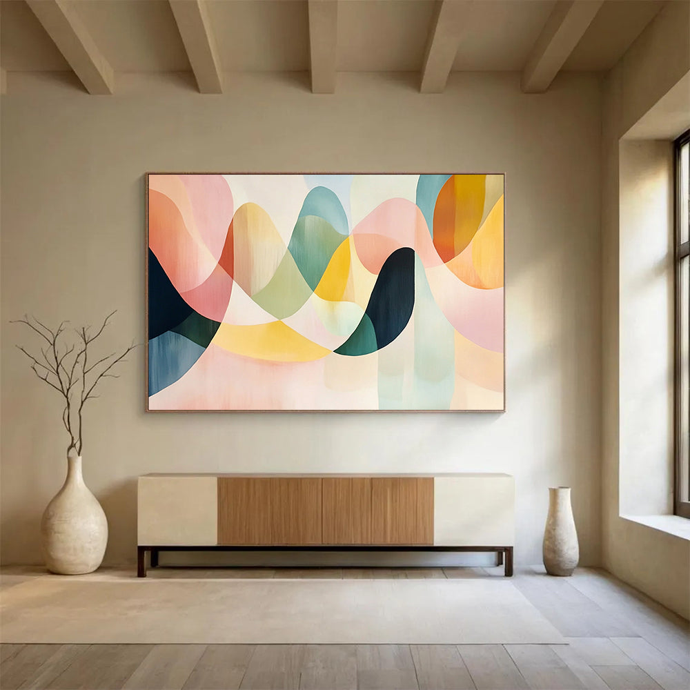 “Colorful Wavy Shapes” - Pastel pink, green, yellow, Abstract Geometric Painting HB0629