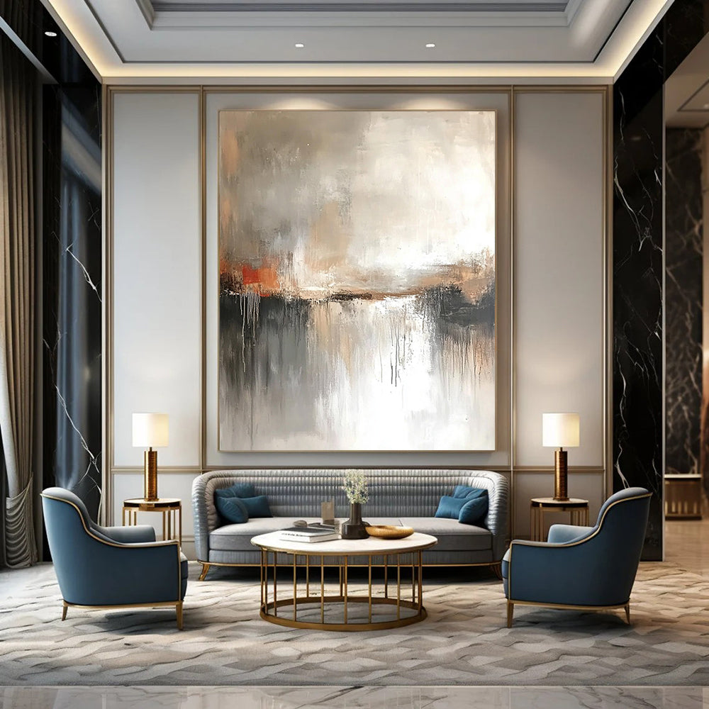 Contemporary abstract painting with muted colors, gray tones, and atmospheric effect, inspired by J.M.W. Turner’s expressive landscapes. DLZ0406