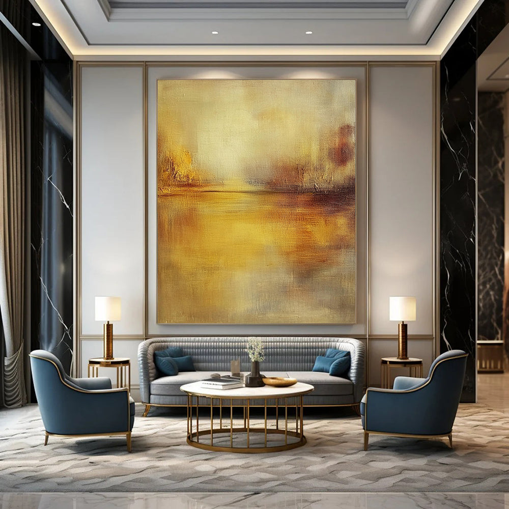Contemporary hand-painted abstract artwork featuring muted tones, soft brushstrokes, and a tranquil water reflection illuminated by golden hour light. DLZ0420