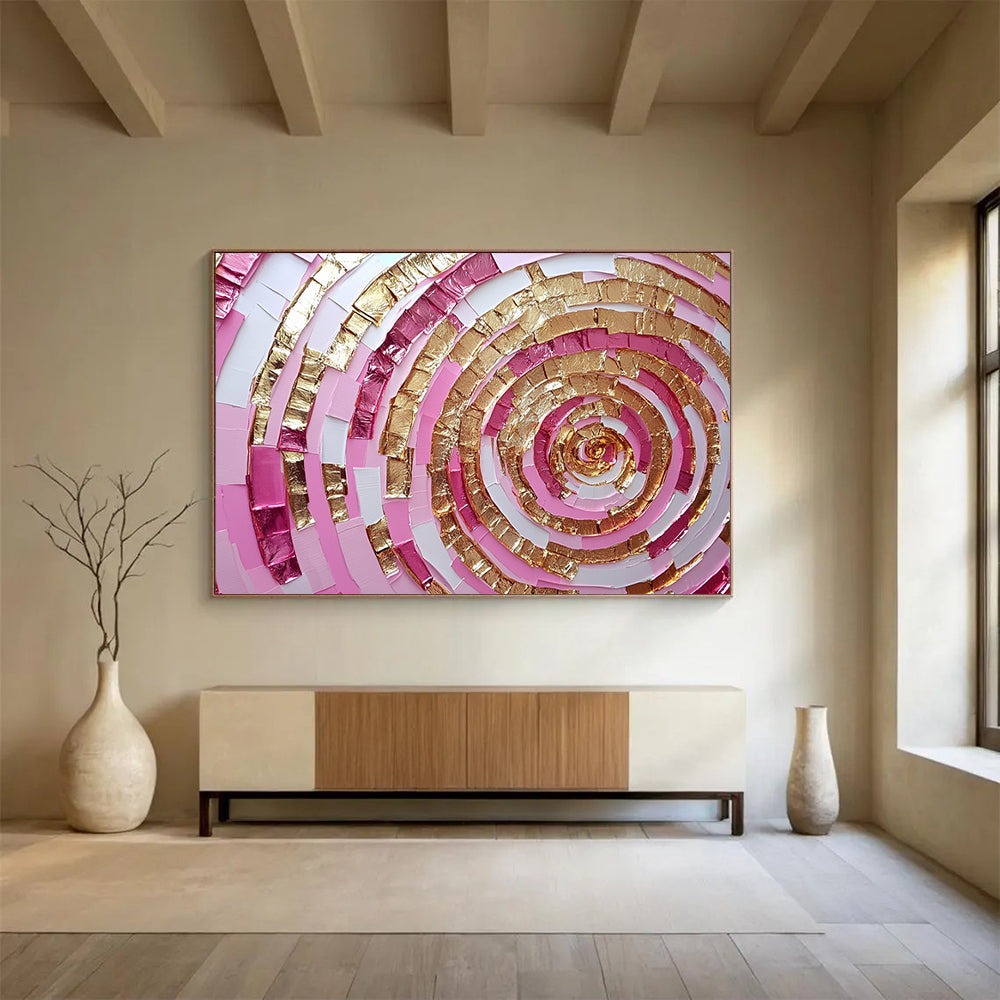 “Pink and Gold Spiral” - Shades of Pink, Gold, White, Layered Spiral Pattern - Mixed - Media Collage HB1727
