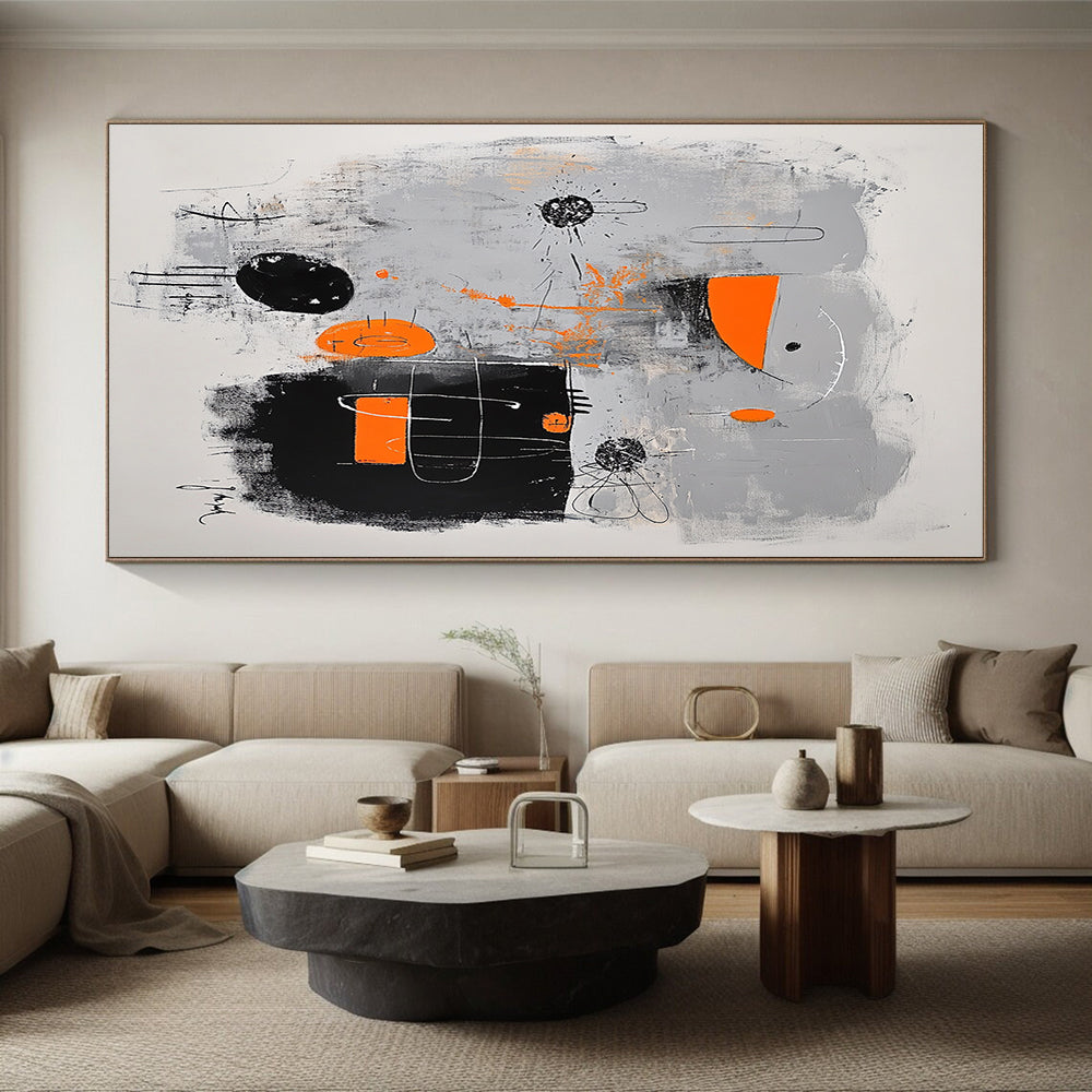Black, Gray, Orange and White Abstract Fusion "Creative Spark" Painting On Canvas HB328