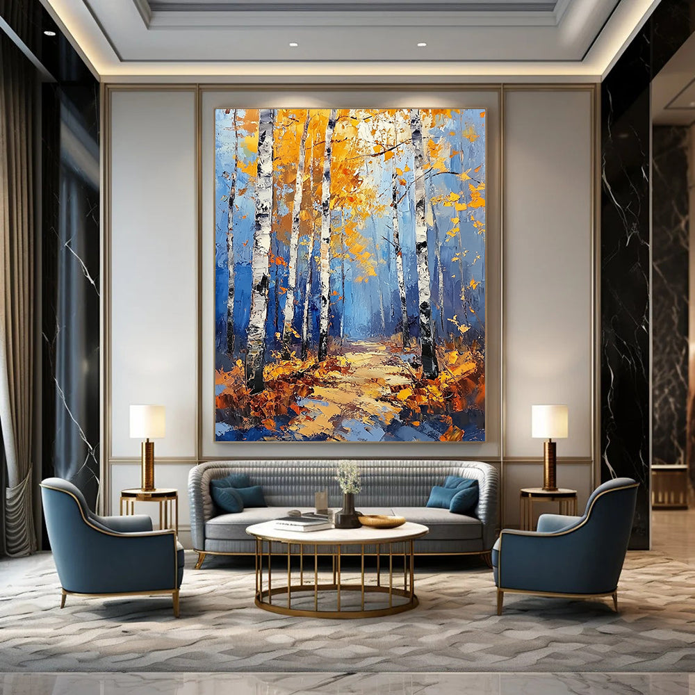 Contemporary abstract painting featuring a birch forest in autumn with vibrant blue and yellow tones and golden leaves in a modern impressionist style. DLZ1533