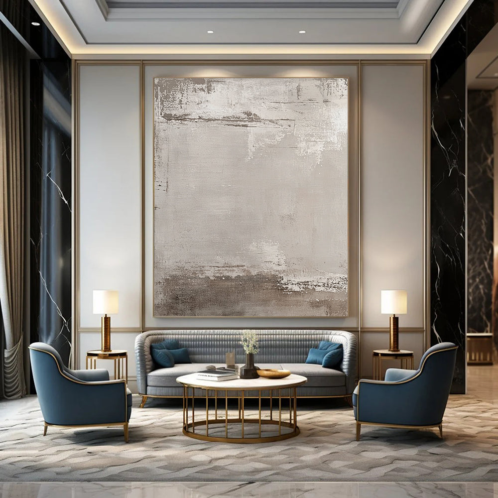 Large contemporary hand-painted abstract artwork featuring muted beige and gray tones with an industrial urban feel and textured brushstroke background. DLZ1173