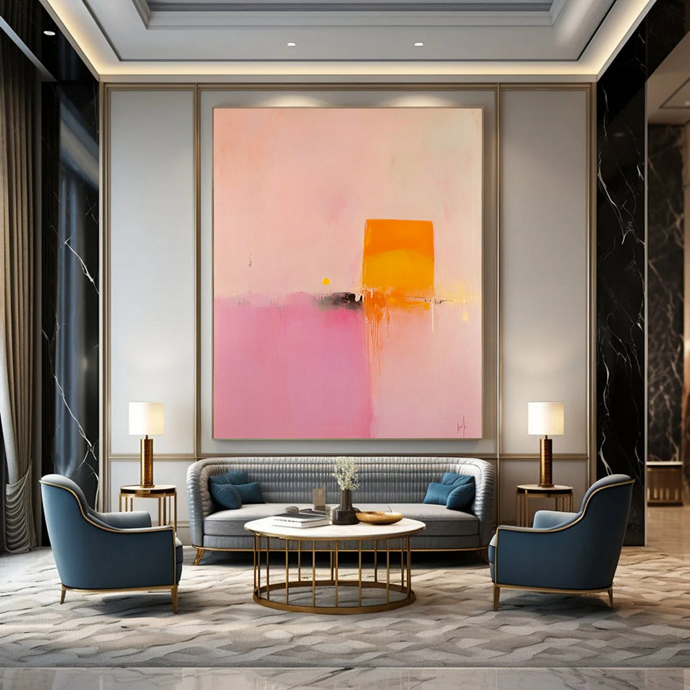 Contemporary hand-painted abstract art featuring soft pink and orange hues with a central yellow geometric shape creating a serene minimalist landscape. DLZ1474