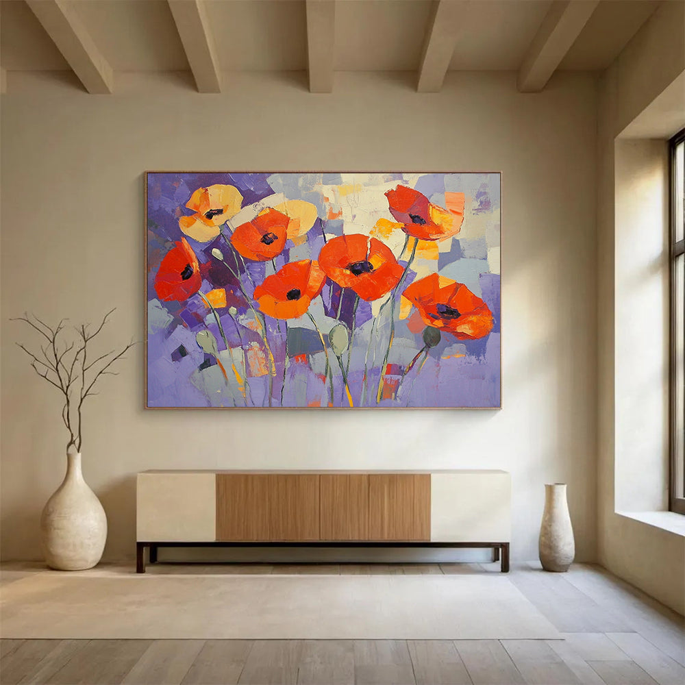“Purple Poppy Patch” - Purple, Orange, Abstract Flowers - Cubist Oil Painting HB1488