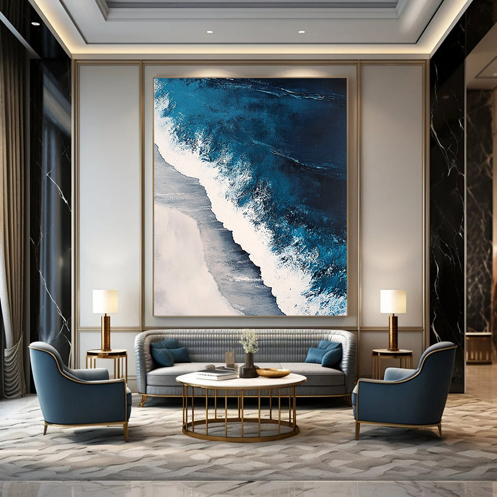 Contemporary abstract painting featuring oceanic waves in surreal blues and whites with textured details capturing nature's beauty in a hyper-realistic style. DLZ0846