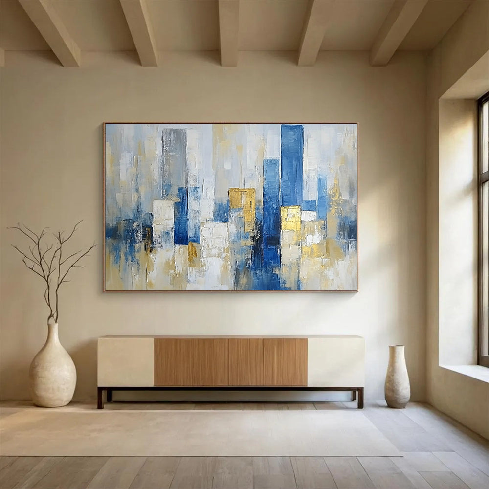 “Minimalist City Abstraction” - Blue, Gray, Gold, Abstract Cityscape HB1137