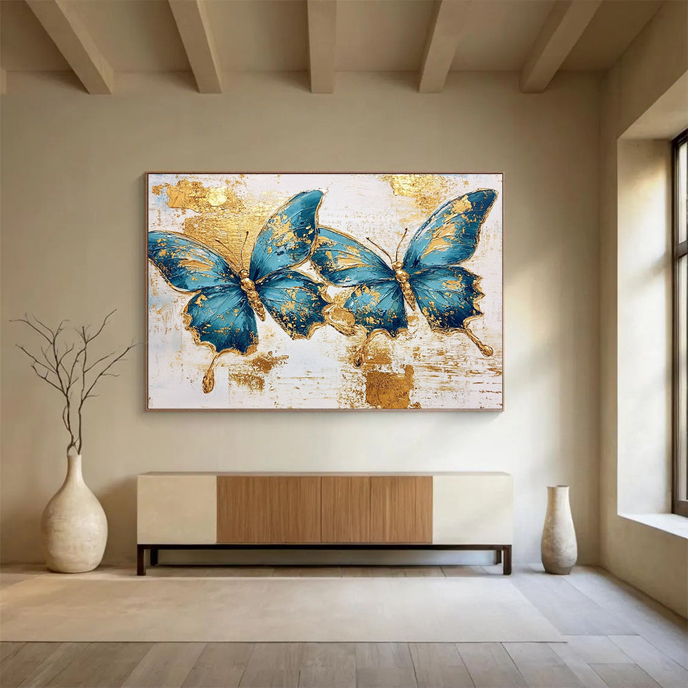 “Blue Butterflies With Gold” - Blue, Gold, White, Textured Floral - Animal Painting On Canvas HB0685