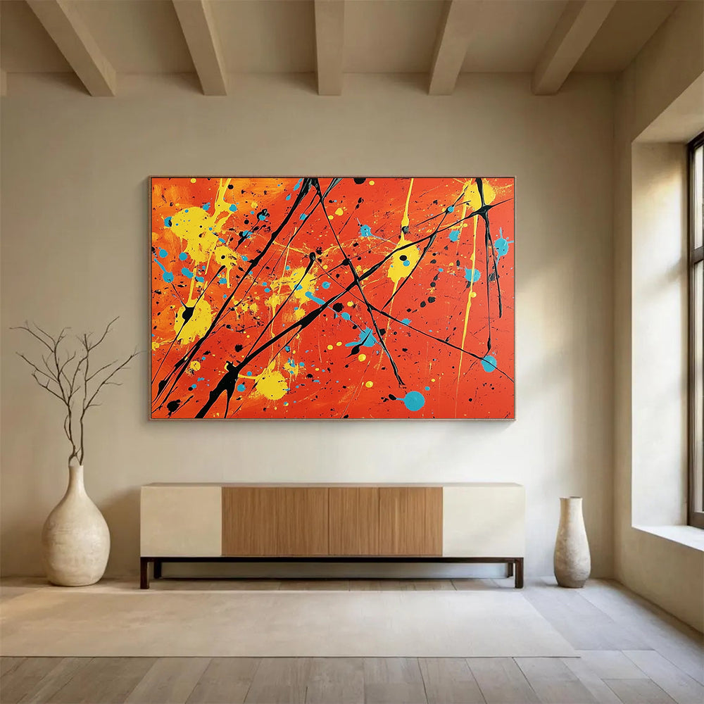 “More Colorful Splatter On Orange” - Orange, Yellow, Blue, Black, Abstract Expressionist Painting On Canvas HB0684