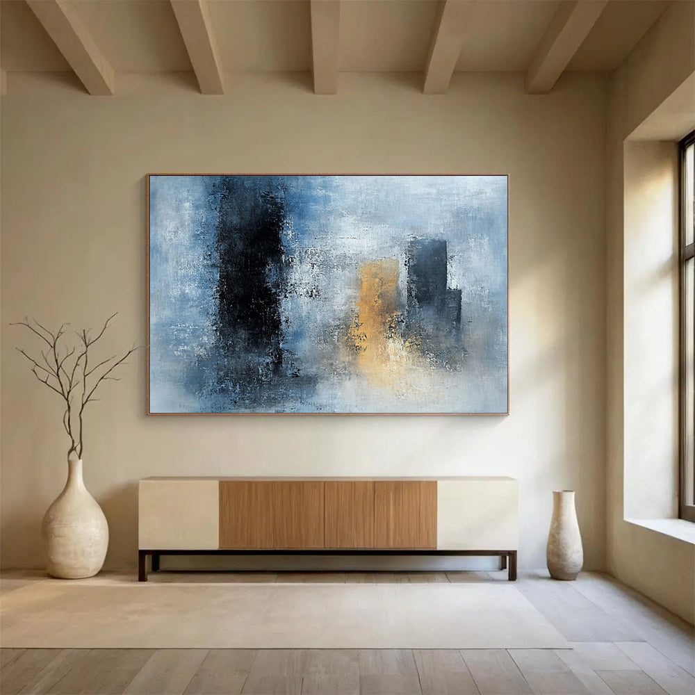 “Blue - Gray Abstract Urban Silhouettes” - Blue, Gray, Gold, City Shapes Painting On Canvas HB0840