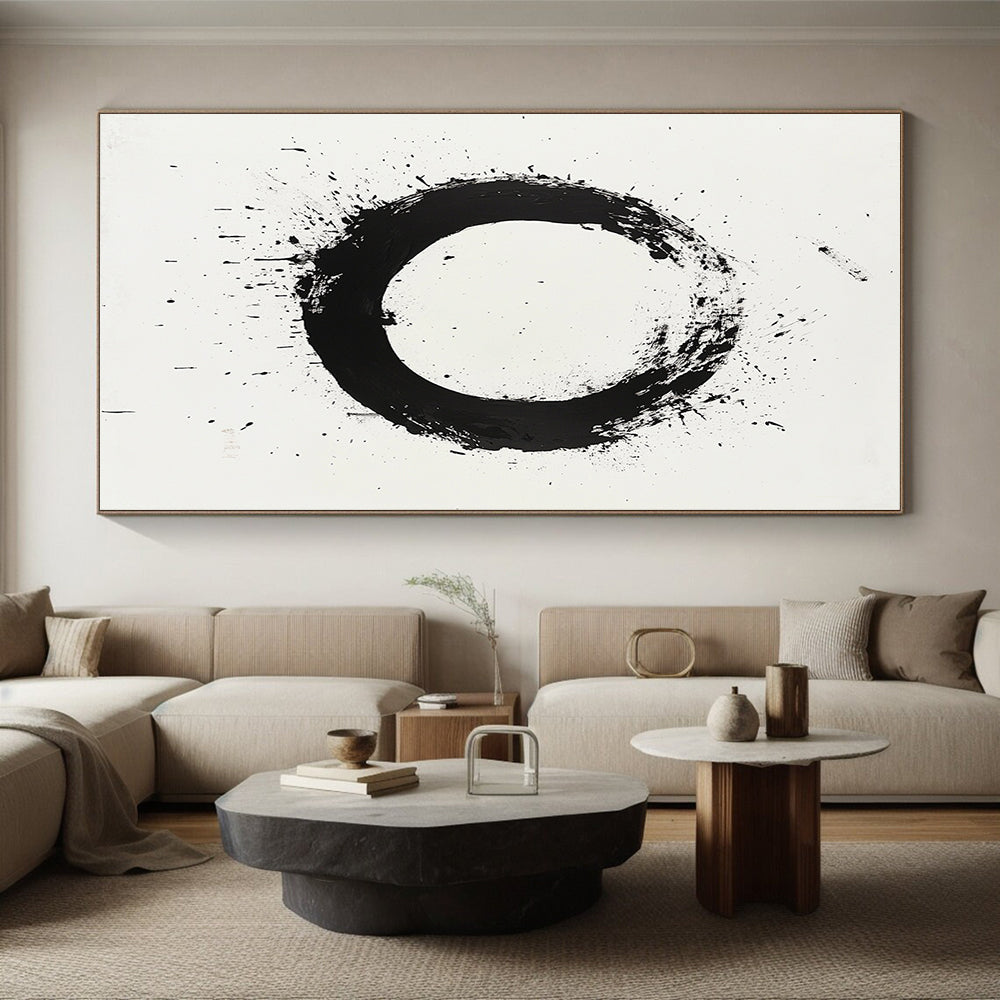 Black Circular Brushstroke with Splatter & Drip - “Classic Enso Expression” Painting On Canvas HB250