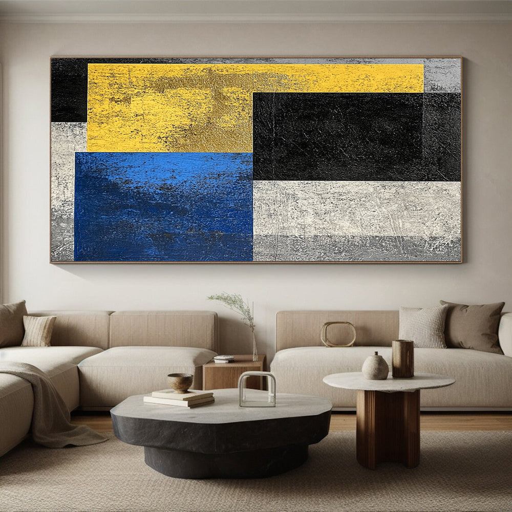Black, Yellow, Gold, Blue, Gray with Textured Blocks "Colorful Contrast" Abstract Painting On Canvas HB010