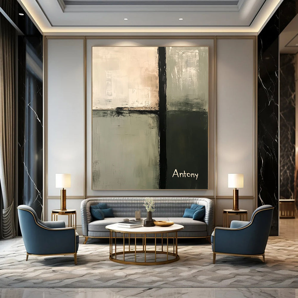 Contemporary abstract painting in neutral sage green and gray tones featuring a central tall vertical bar and the name Antony in the bottom corner. DLZ0434