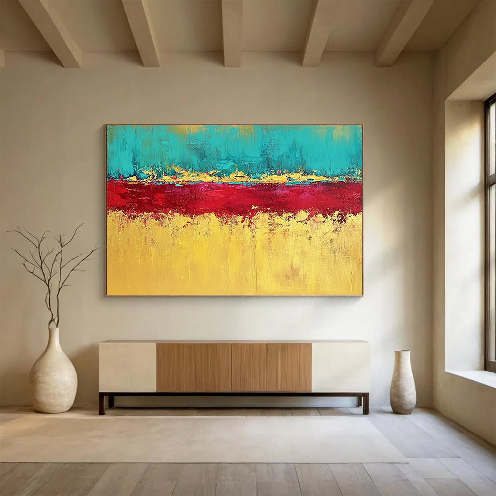 “Teal, Red, and Gold Abstract Horizon” - Teal, red, gold, yellow; Abstract color - block horizon; Acrylic Painting On Canvas HB1221
