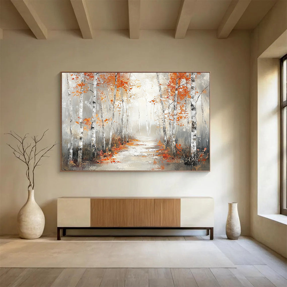 “Autumn Birch Pathway” - Orange, Gray, Birch Trees, Forest Path - Impressionist Landscape Painting HB1683