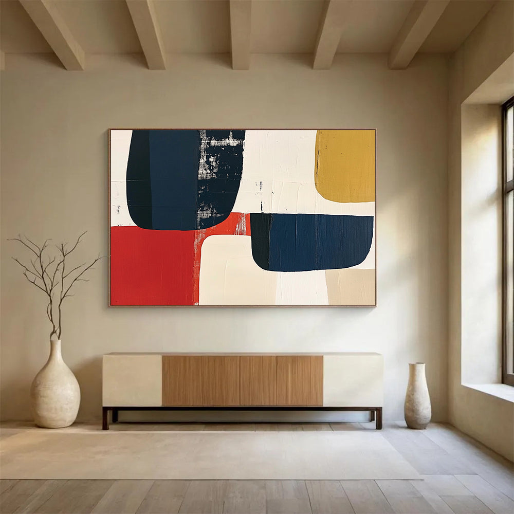 “Colorful Geometric Blocks” - Navy, red, beige, mustard, Abstract Geometric Painting HB0617