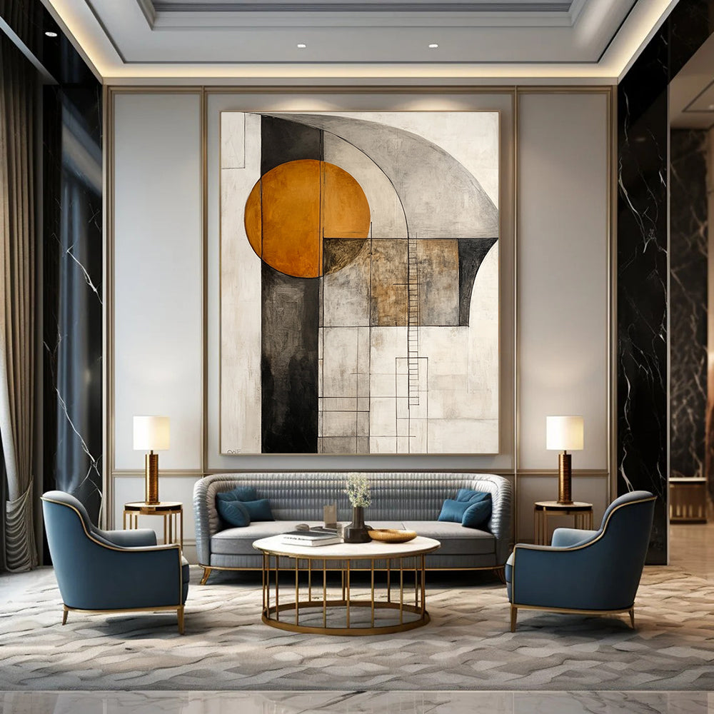 Contemporary abstract artwork featuring an orange circle and gray shapes with a large dark brown arch and a delicate ladder line drawing on a white background. DLZ1016