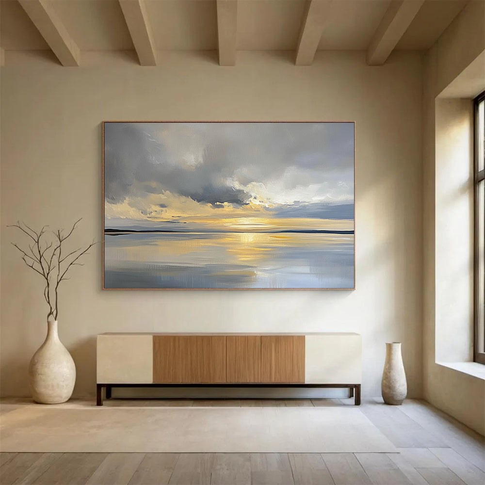“Sunset Over Calm Waters” - Gray, Gold, Blue, Abstract Landscape Painting On Canvas HB0676